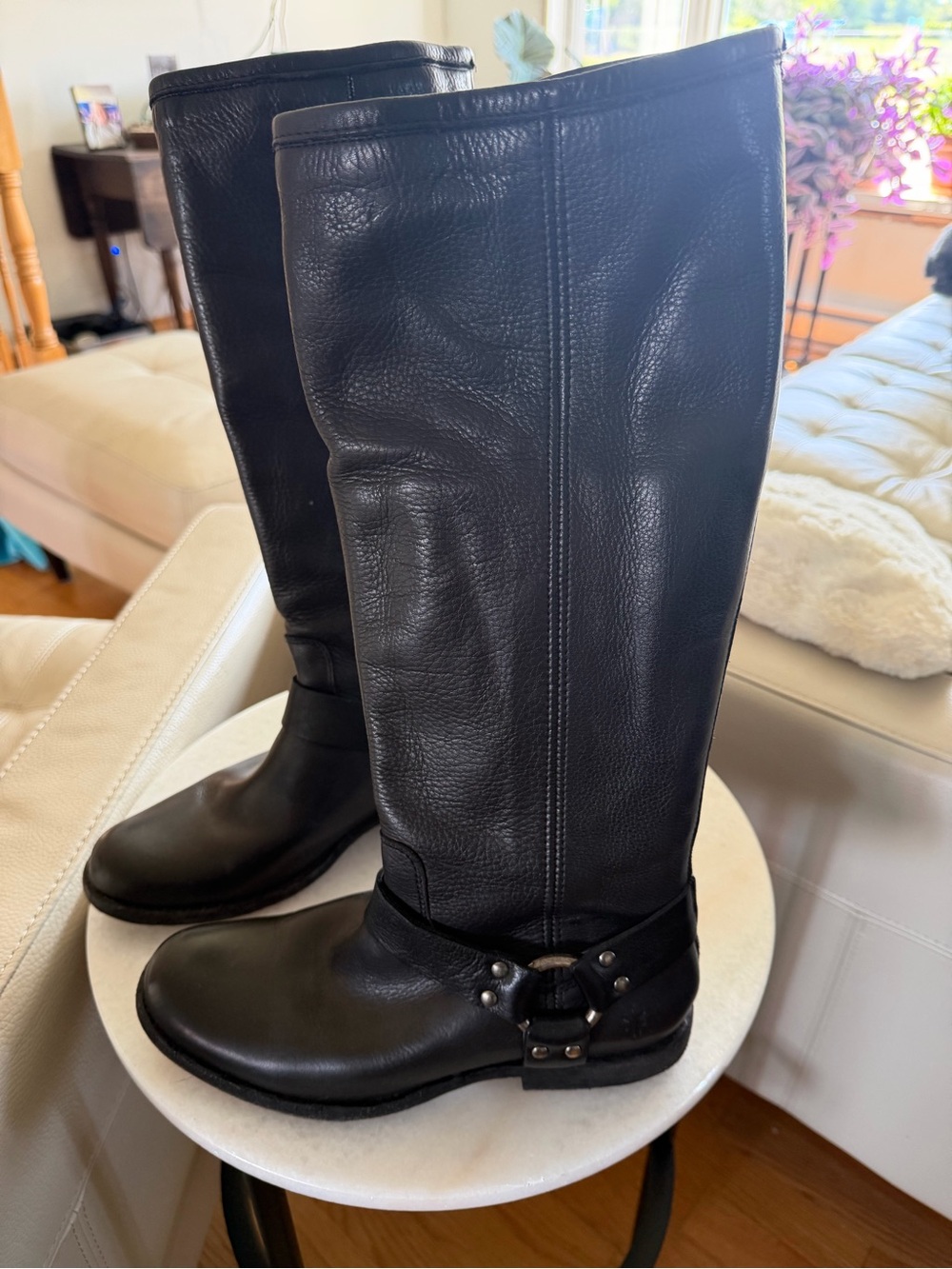 Frye Phillip Harness Tall Extended Calf boots, black leather, women’s size 8B